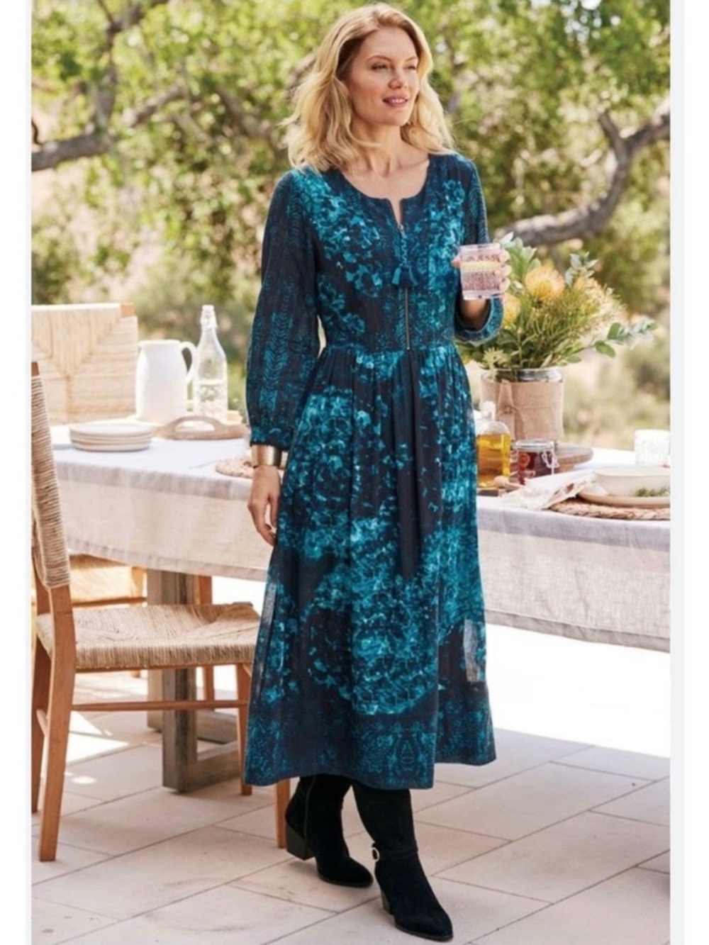 Soft Surroundings Blue Spectral 3/4 Sleeve Crepe Midi Dress, S